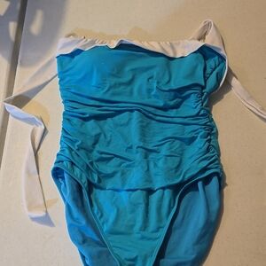 Lauren Ralph Lauren Blue and White Ruched One Piece Swimsuit